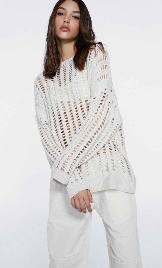 Stradivarius Oversize-Pullover mit Lochmuster Ecru M