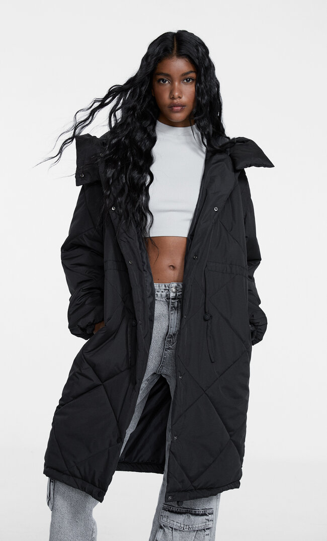 Stradivarius Langer Steppmantel Schwarz Xl