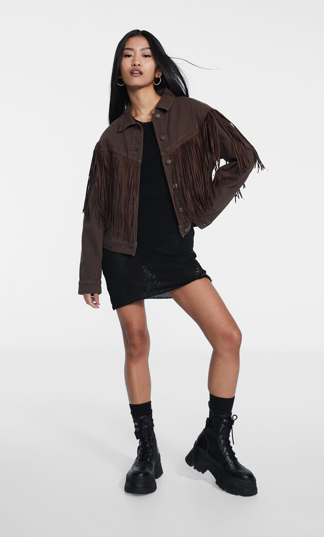 Stradivarius Jacke mit Fransen Braun XL