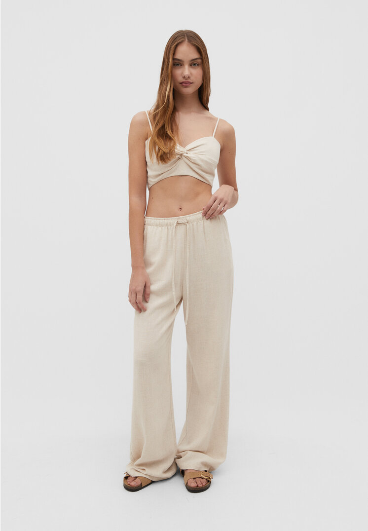 Stradivarius Lange, fließende Hose Stil mit Leinenanteil Steingrau S