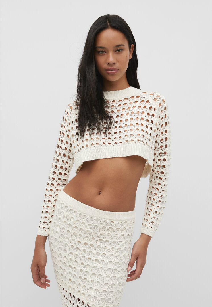 Stradivarius Cropped-Pullover mit Lochmuster Vanille L