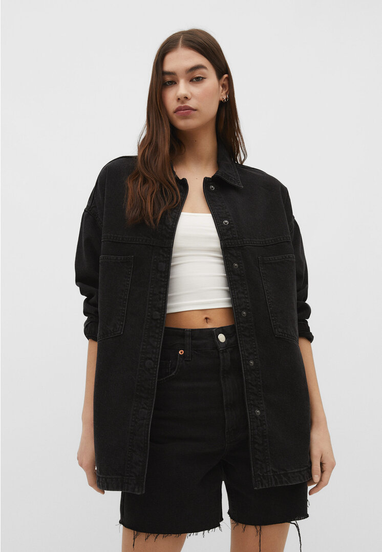 Stradivarius Jeans-Overshirt schwarzer Denim S