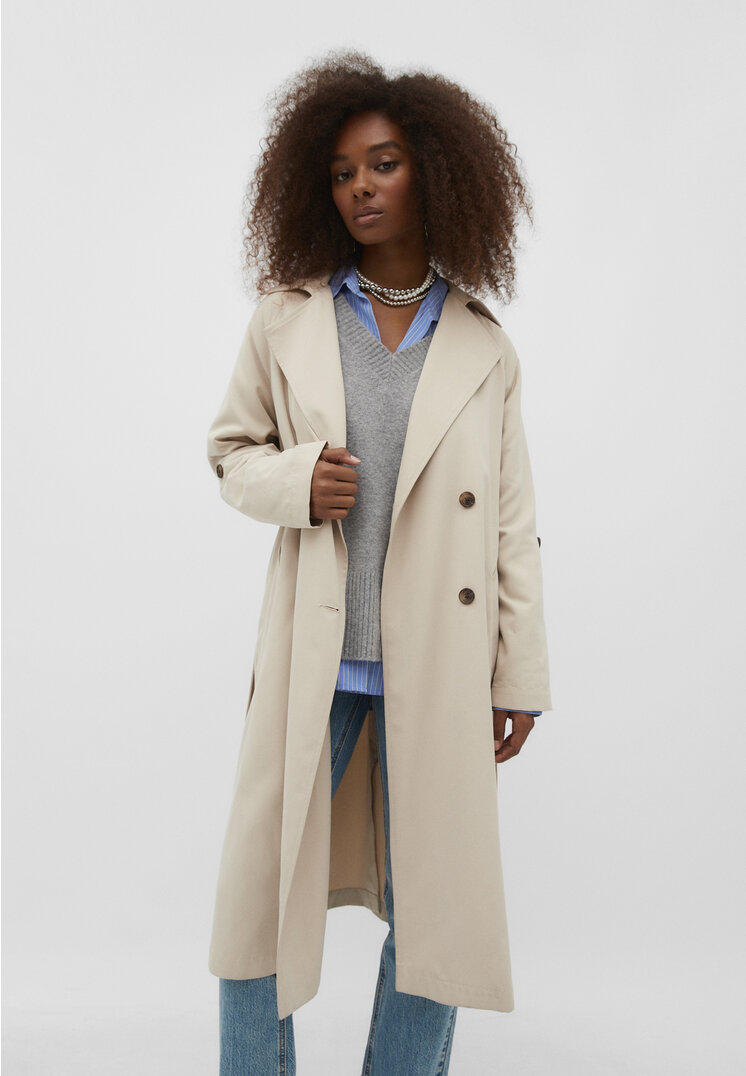 Stradivarius Langer, fließender Trenchcoat Steingrau XL