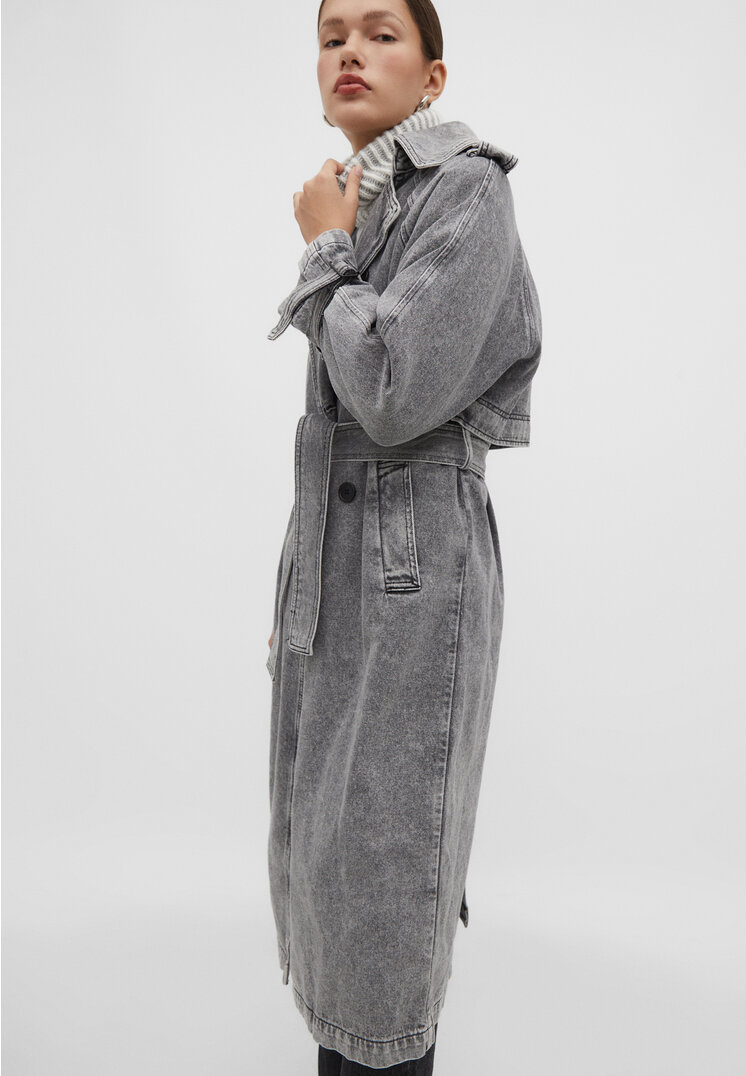 Stradivarius Denimowy trencz Czarny denim XL