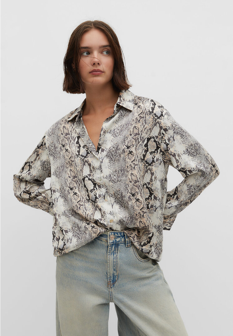 Stradivarius Satinbluse mit Reverskragen Steingrau M