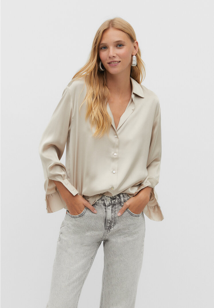 Stradivarius Satinbluse mit Reverskragen Steingrau S