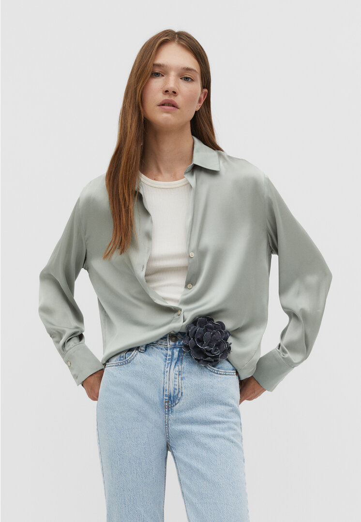 Stradivarius Satinbluse mit Reverskragen Grün XL