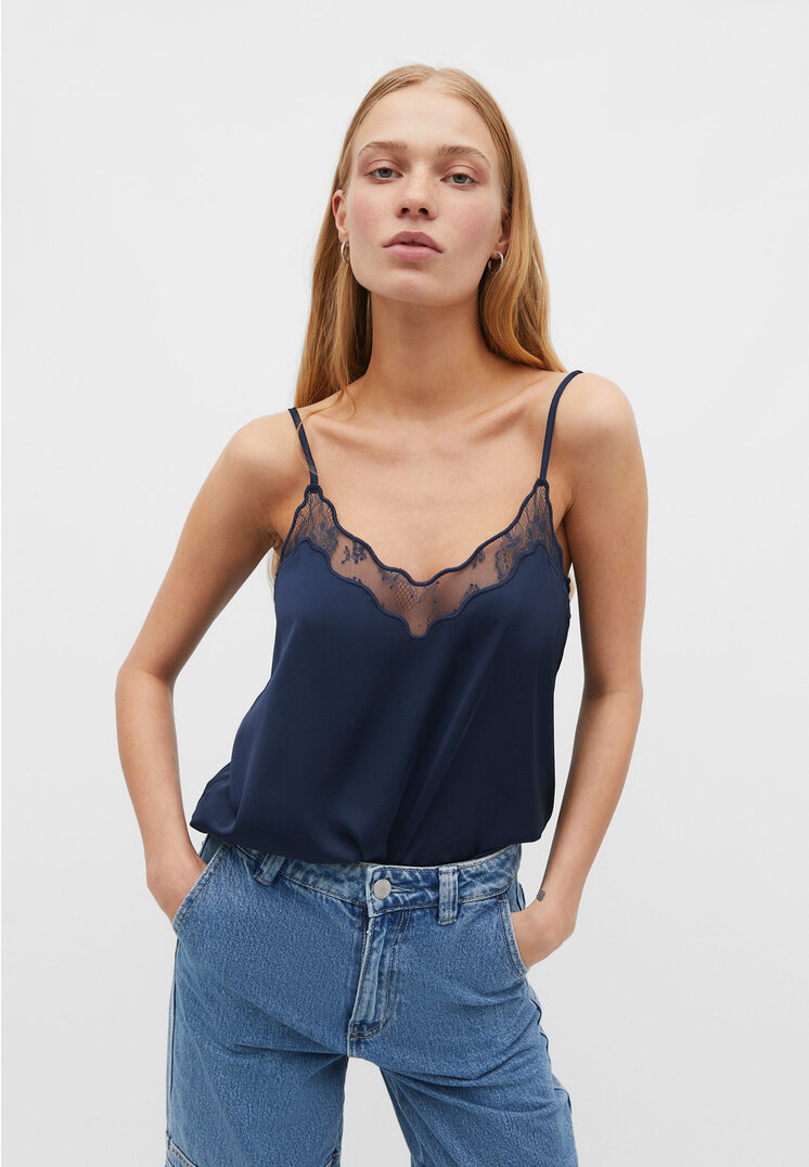 Stradivarius Top aus Satin mit Spitze Marineblau S