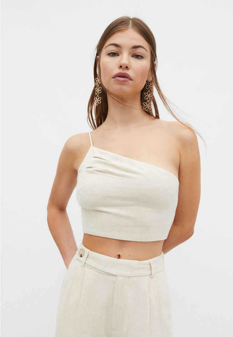 Stradivarius Asymmetrisches Top mit Leinenanteil Steingrau L