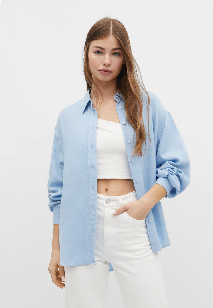 Stradivarius Hemd mit Leinenanteil Himmelblau S