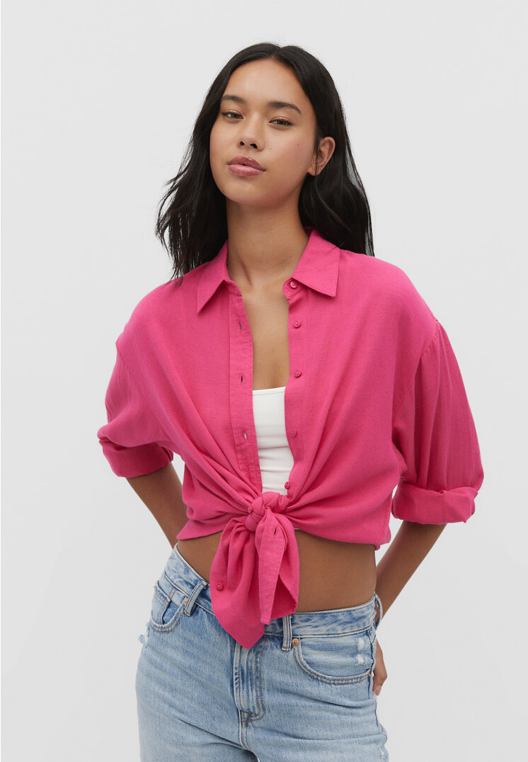 Stradivarius Hemd mit Leinenanteil Pastellrosa XL