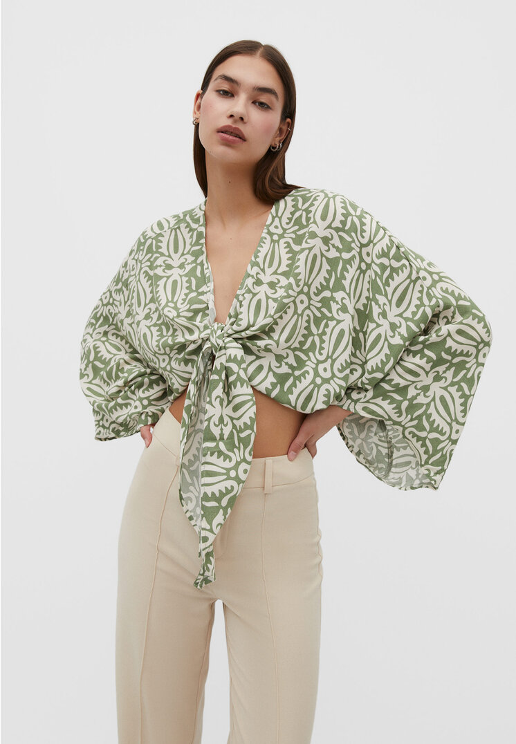 Stradivarius Offene, fließende Bluse Khaki XL