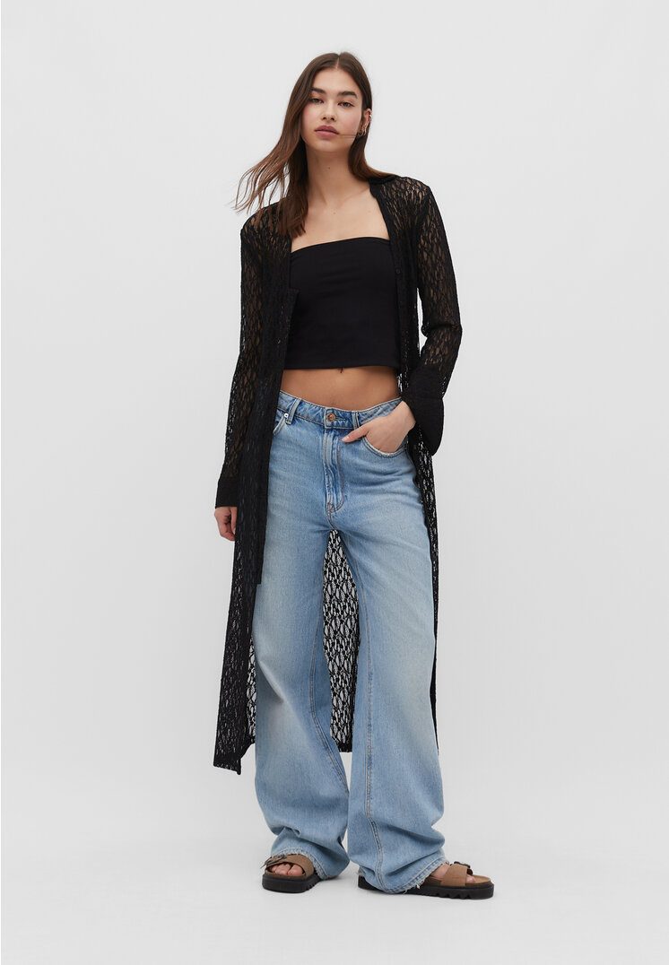 Stradivarius Midihemdkleid mit Spitze Schwarz XS