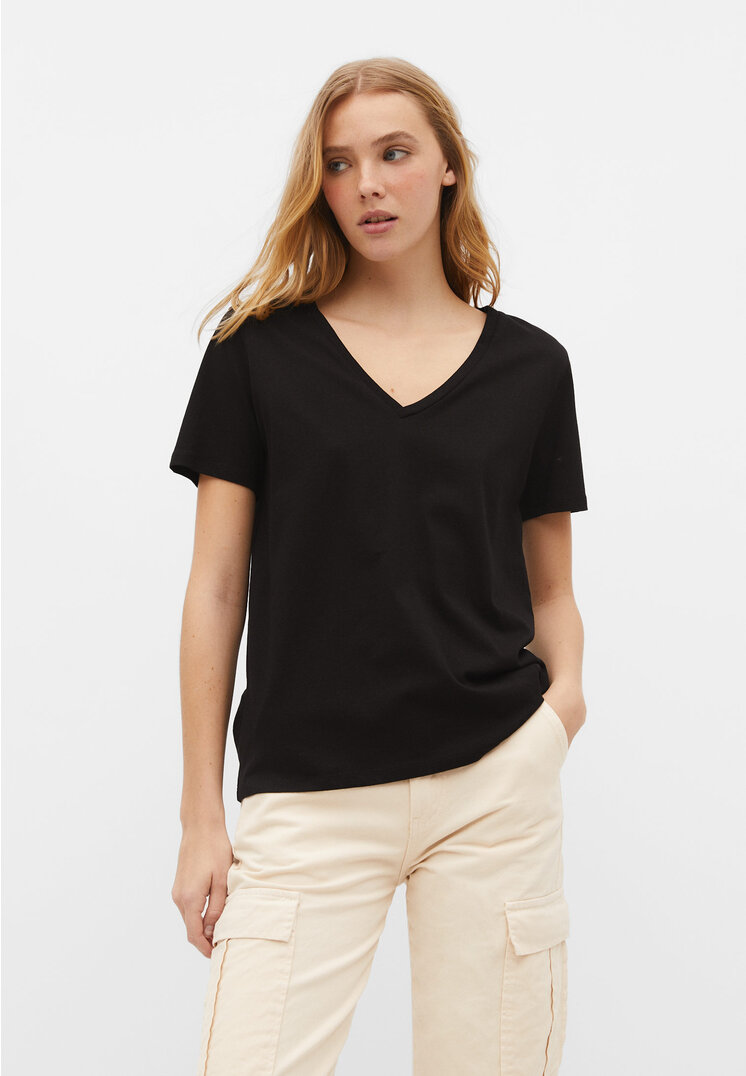 Stradivarius Basic-Shirt mit V-Ausschnitt Schwarz L