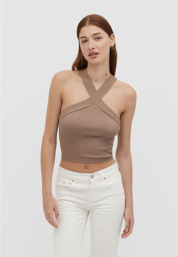 Stradivarius Nahtloses Top mit Ausschnitt in Wickeloptik Braun L