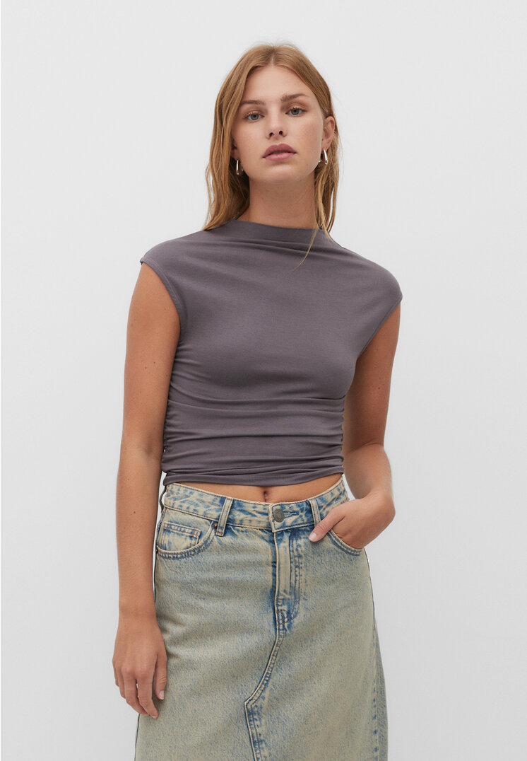 Stradivarius Shirt aus Viskose Gathering Graumeliert XS