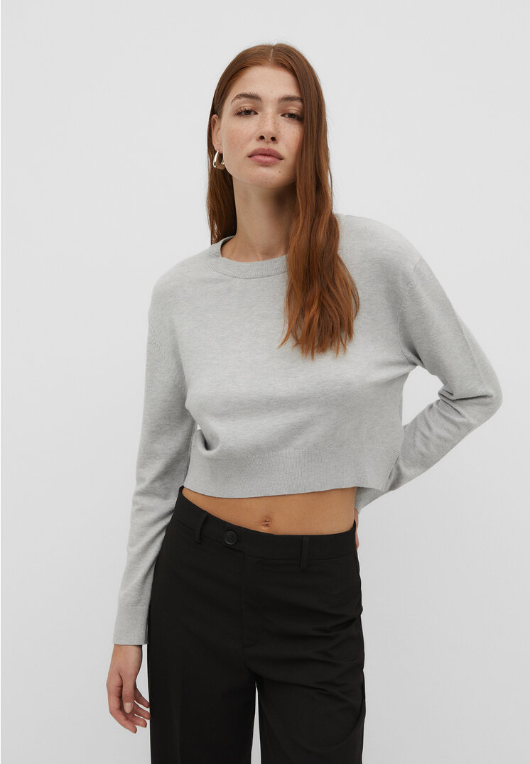 Stradivarius Basic-Cropped-Pullover mit Rundausschnitt Grau Melange S