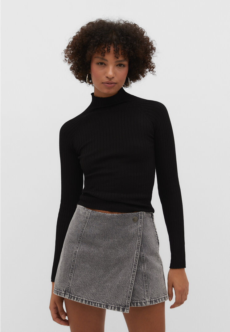 Stradivarius Gerippter Pullover mit halbhohem Rollkragen Schwarz XL