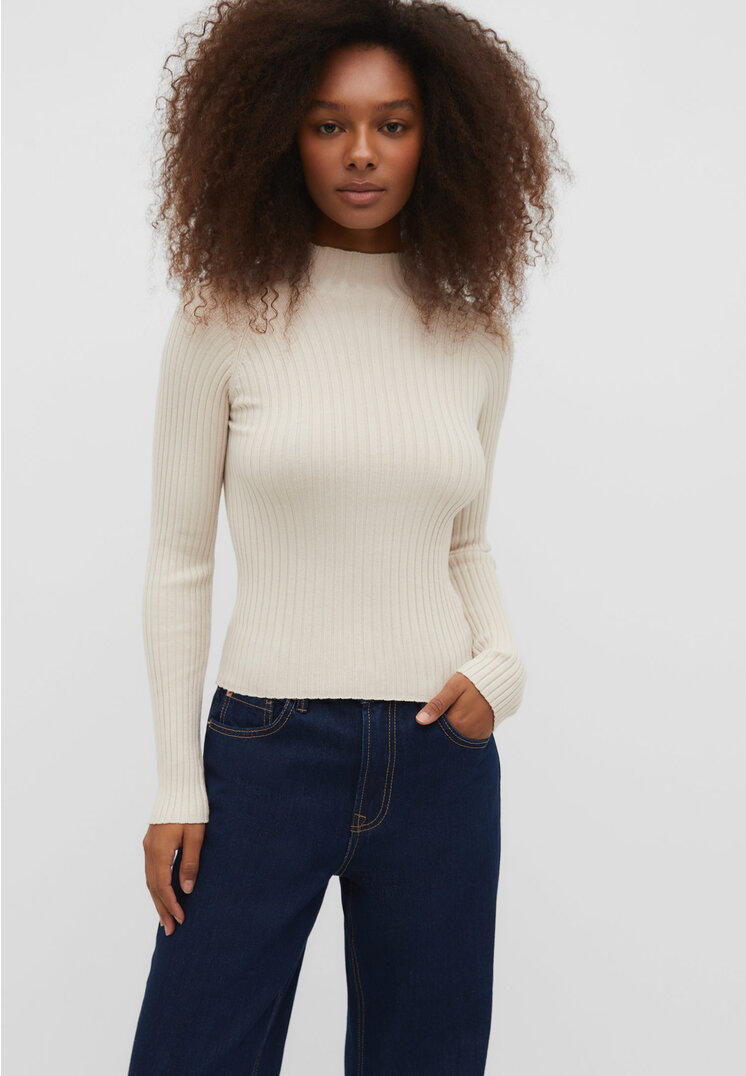 Stradivarius Gerippter Pullover mit halbhohem Rollkragen Steingrau L