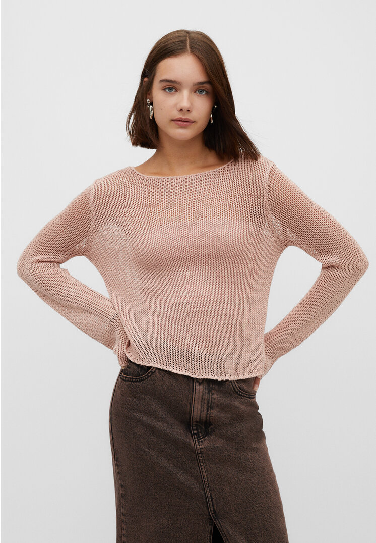 Stradivarius Basic-Strickpullover aus Netzstoff Rosa Nude L