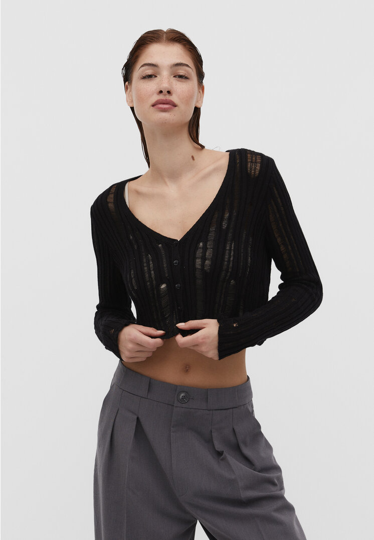 Stradivarius Strickjacke mit Lochmuster Schwarz S
