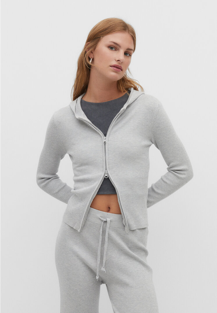 Stradivarius Strickcardigan mit Kapuze Grau Melange M