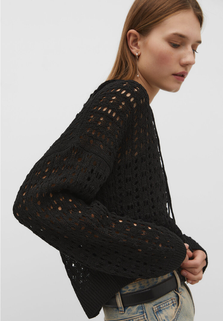 Stradivarius Pullover mit Kapuze und Lochmuster Schwarz XS