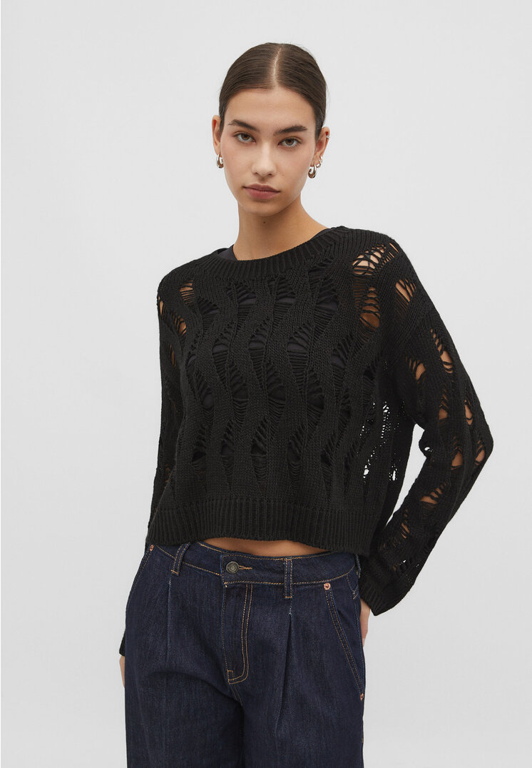 Stradivarius Offener Pullover mit lockerem Strickmuster Schwarz L
