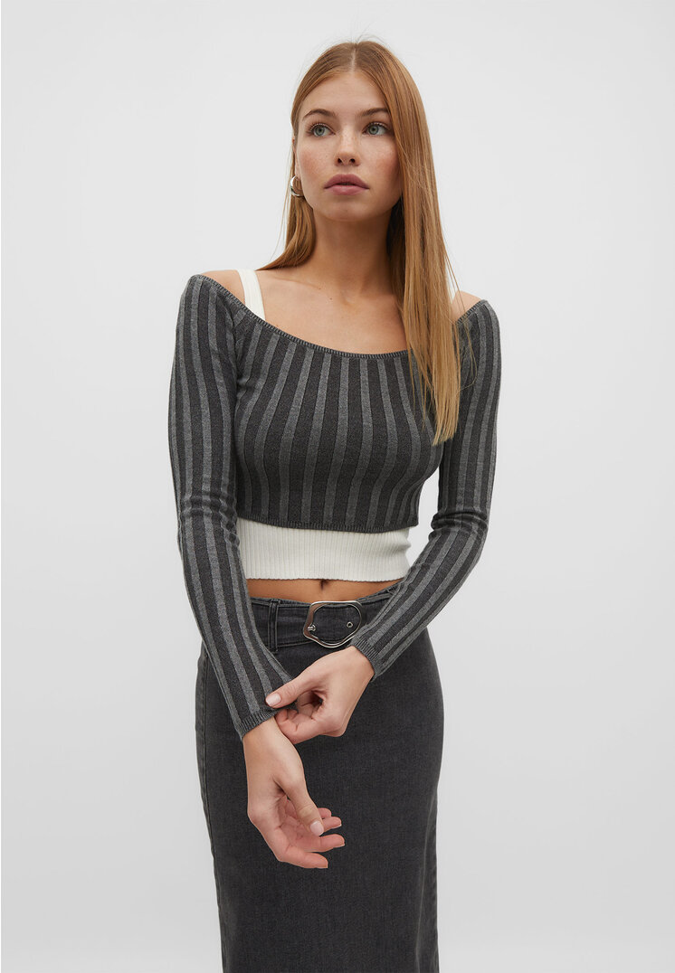 Stradivarius Doppellagiges Stricktop Graumeliert XS