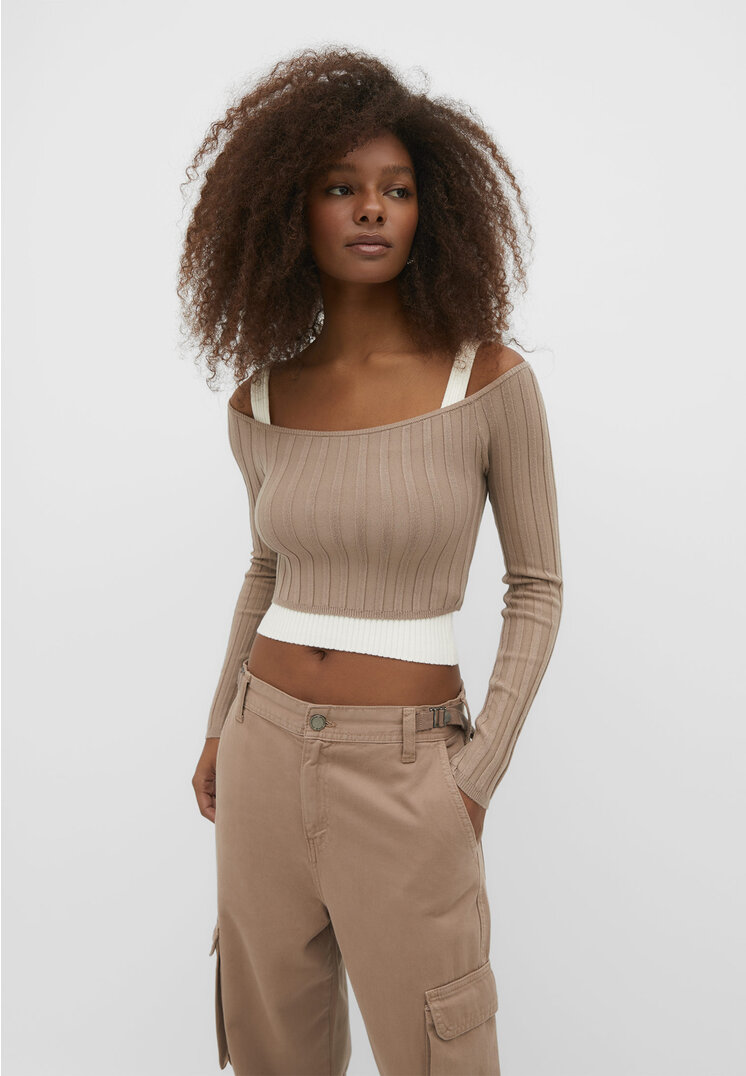 Stradivarius Dwuwarstwowy top z dzianiny Jasny wielbłądzi XS