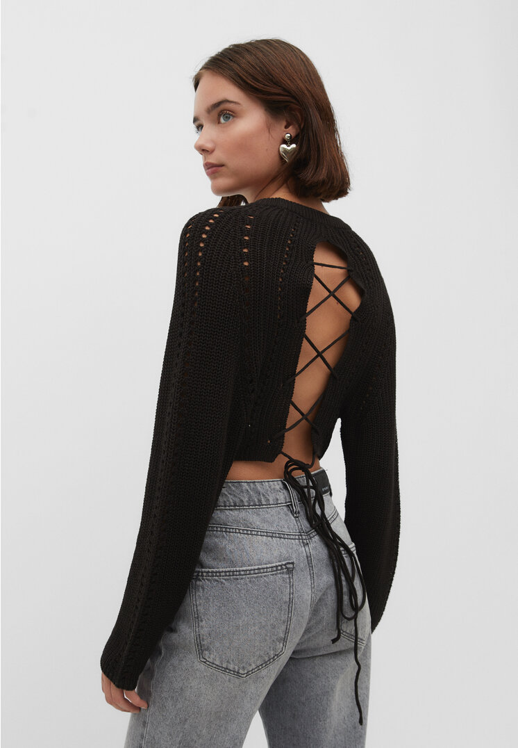 Stradivarius Strickpullover mit überkreuztem Rücken Schwarz S