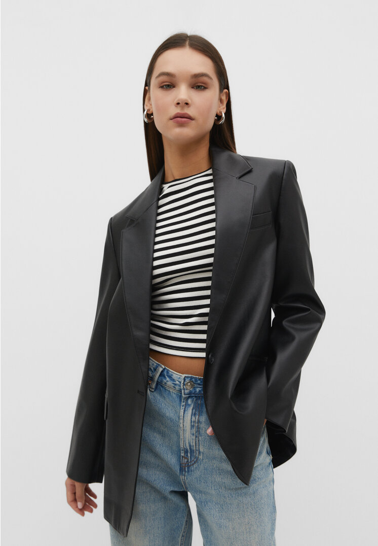 Stradivarius Blazer aus Kunstleder Schwarz L