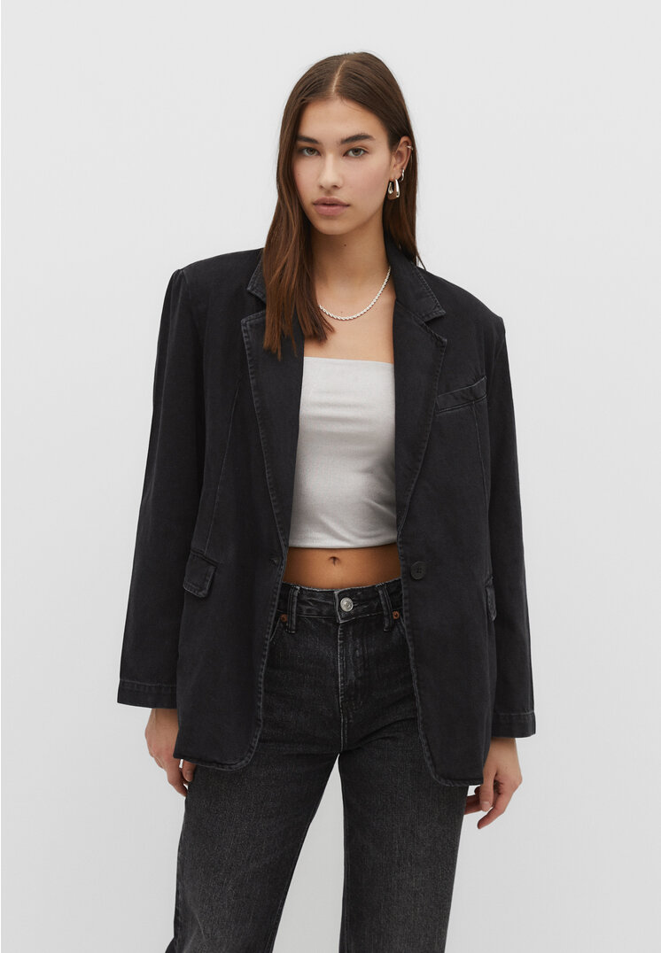 Stradivarius Jeansowa marynarka Czarny denim XS