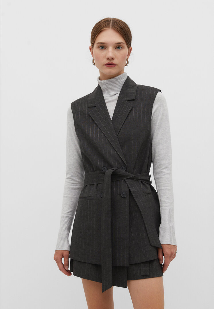 Stradivarius Lange Weste mit Gürtel Grau XL