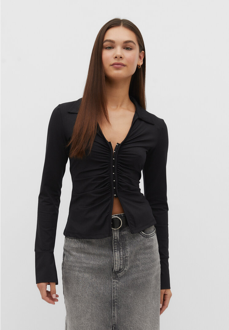 Stradivarius Strickhemd mit Raffung Schwarz XS