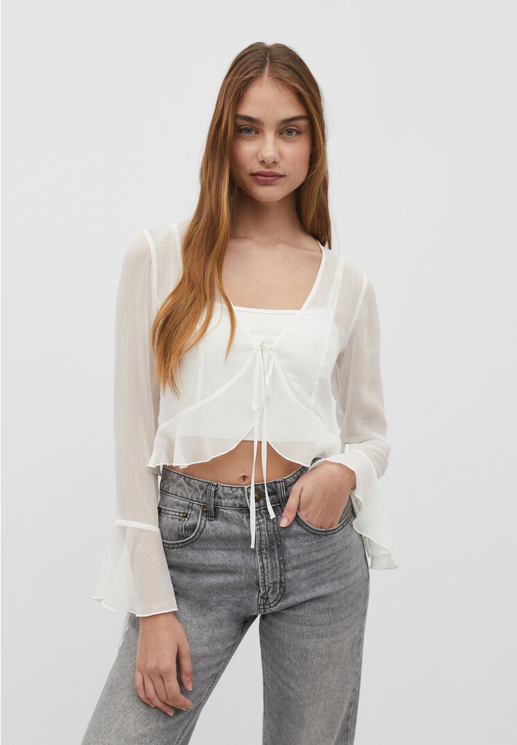 Stradivarius Offene, fließende Bluse mit Knoten Ecru XS