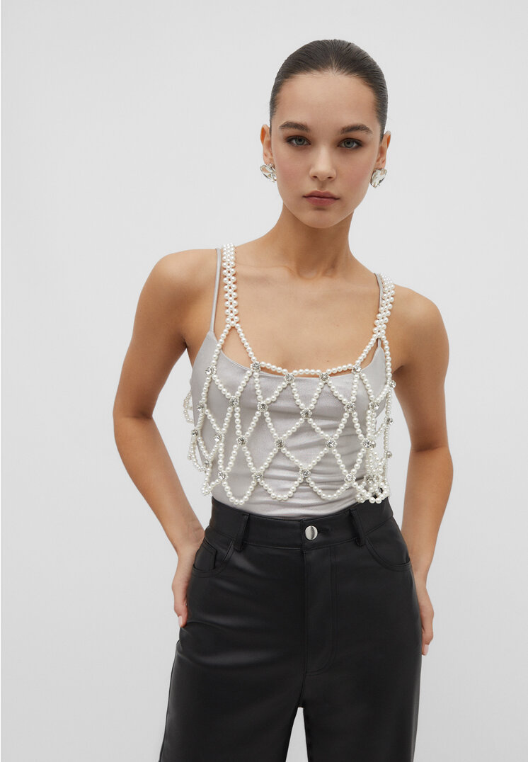 Stradivarius Top z perełek Waniliowy M