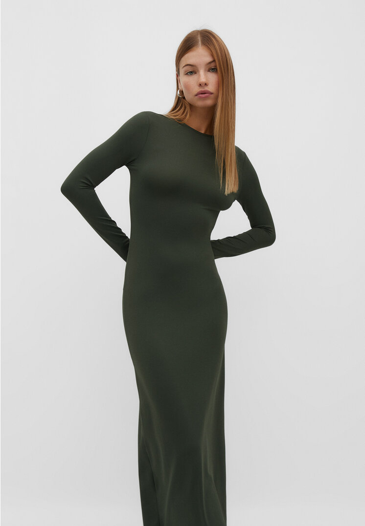 Stradivarius Langes Kleid mit freiem Rücken Flaschengrün XL