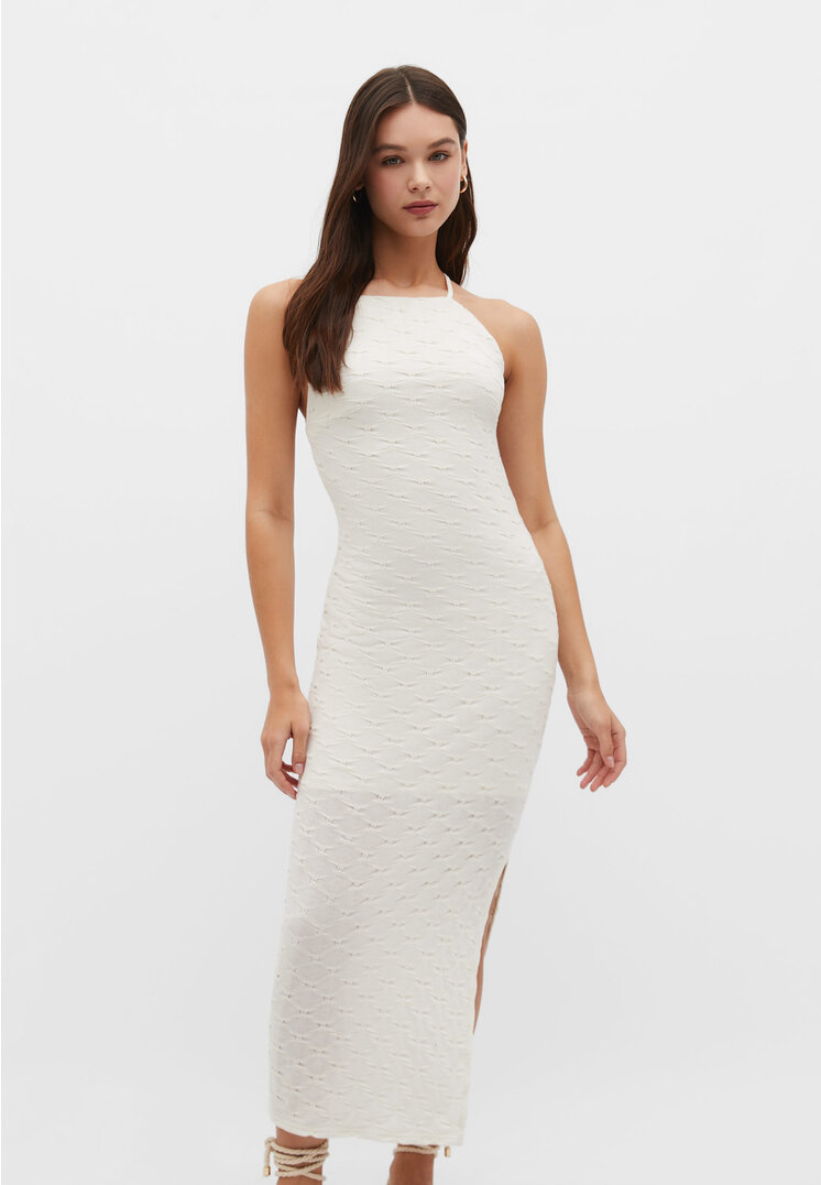 Stradivarius Neckholder-Kleid mit Strukturmuster Ecru S