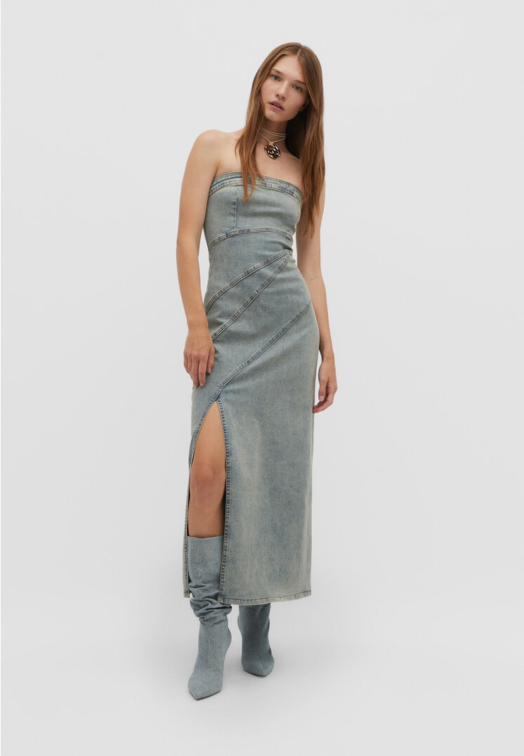 Stradivarius Langes Bandeau-Kleid mit Nähten Denim XS