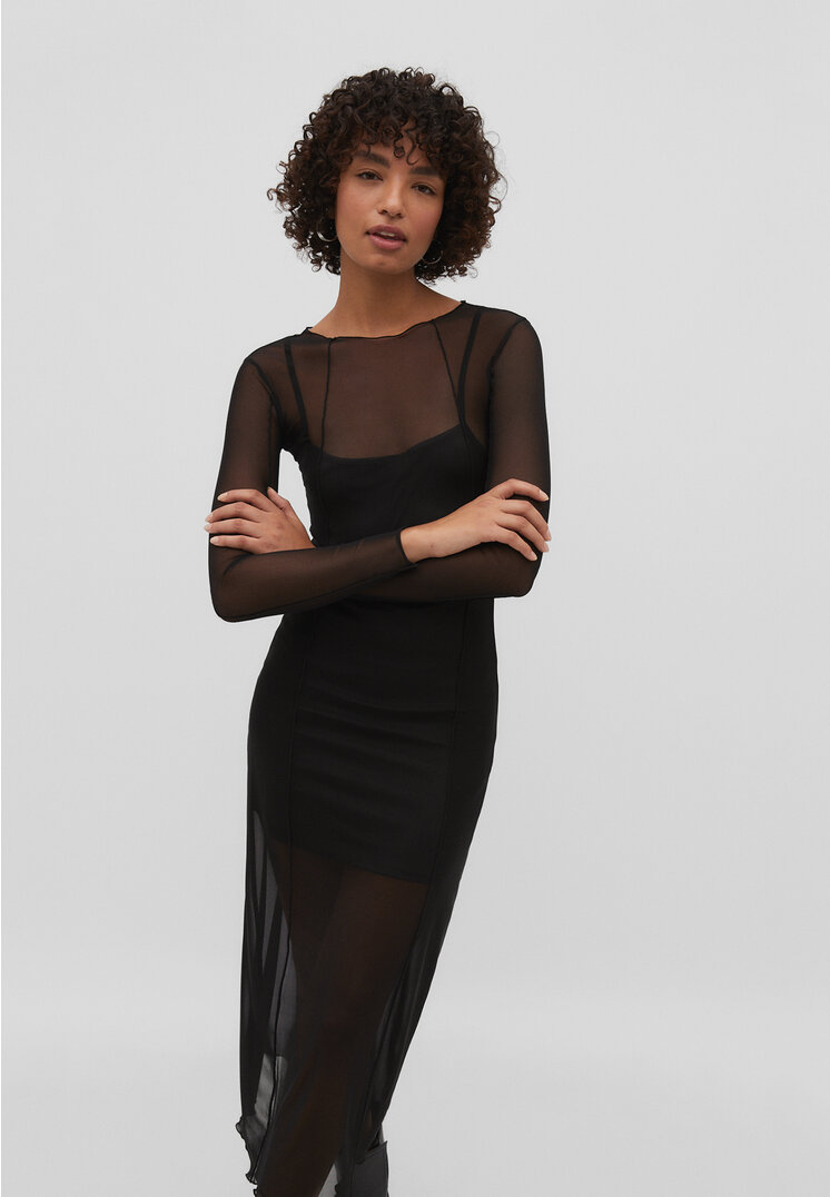 Stradivarius Langes Tüllkleid mit langen Ärmeln Schwarz S