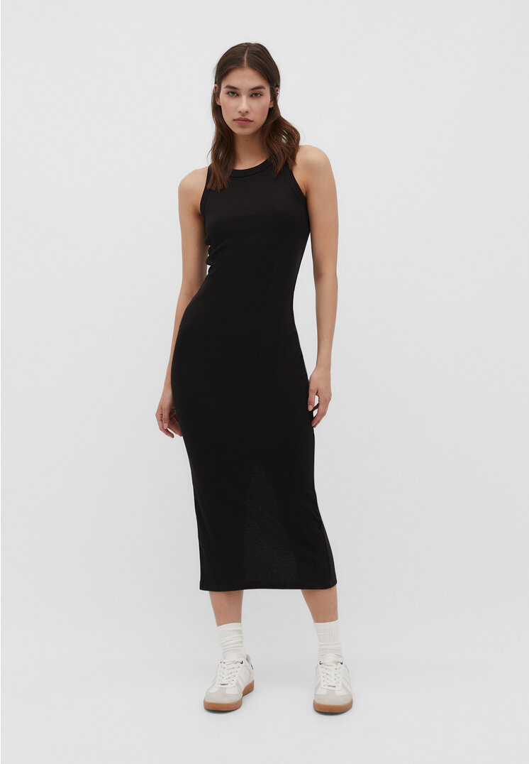 Stradivarius Körpernah geschnittenes geripptes Midikleid Schwarz M