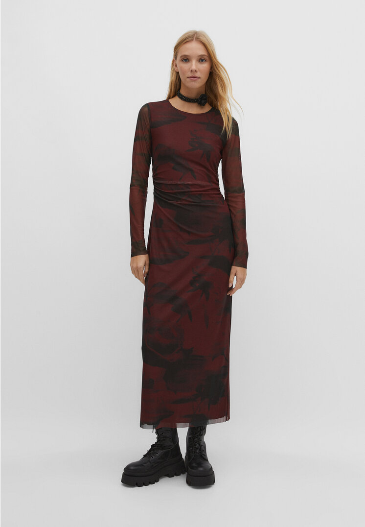 Stradivarius Tüllkleid mit Print Granatrot XS