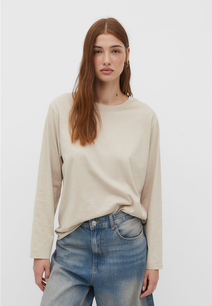 Stradivarius Langarmshirt aus Baumwolle Steingrau L