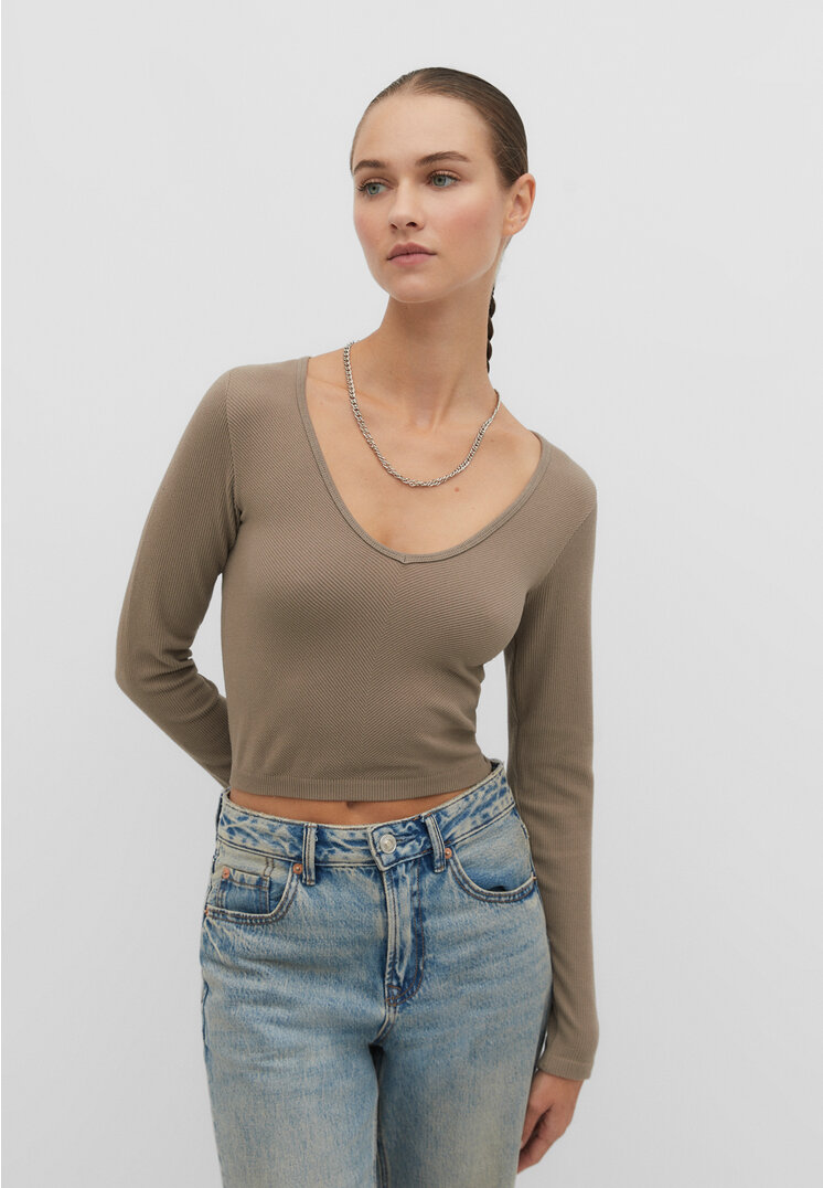 Stradivarius Nahtloses Shirt mit V-Ausschnitt Braun L