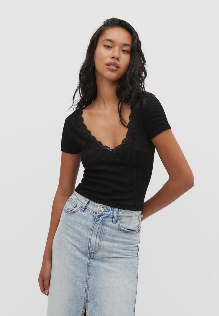 Stradivarius Nahtloses Shirt mit Spitze Schwarz XL