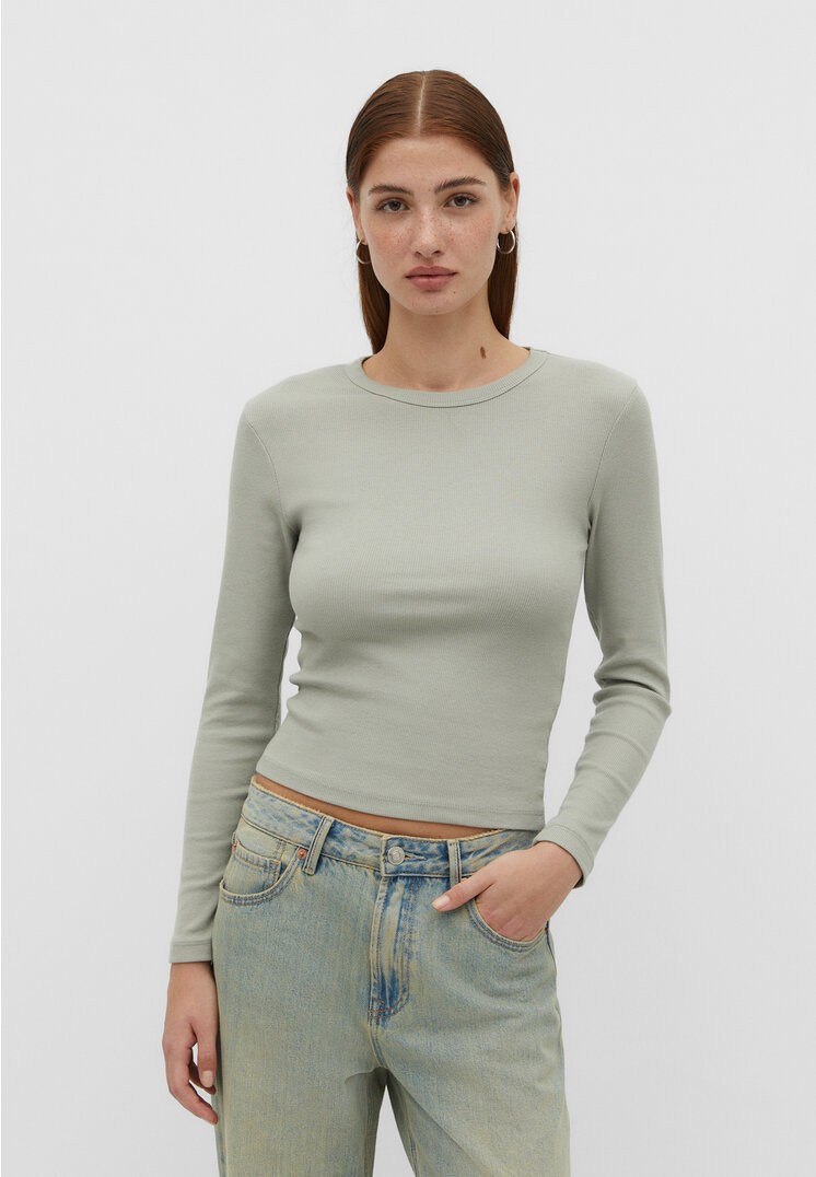 Stradivarius Shirt im Rippenstrick mit langen Ärmeln Grün XS