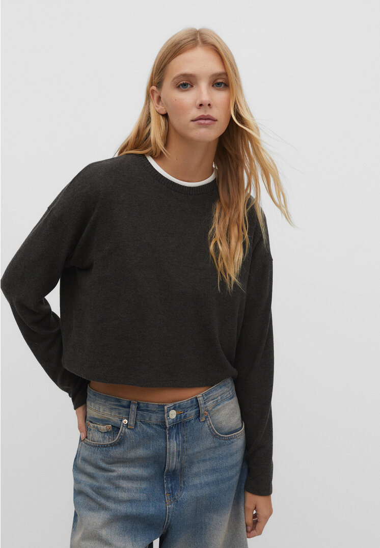 Stradivarius Cropped-Shirt Graumeliert M