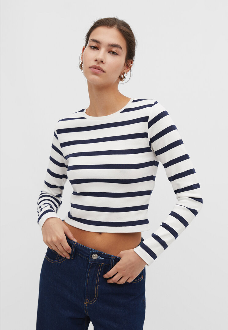 Stradivarius Langarmshirt mit Streifen Weiß XS