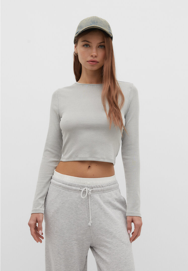 Stradivarius Basic-Cropped-Shirt aus Baumwolle im Washed-Look Grau L